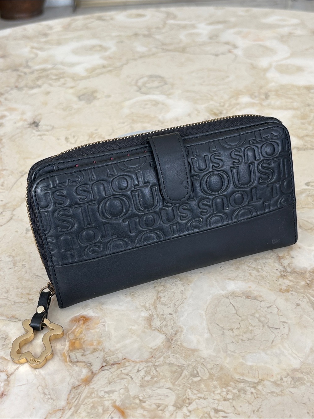 TOUS Urbana Black Leather Logo Continental Wallet - Pink Interior & Bear Charm